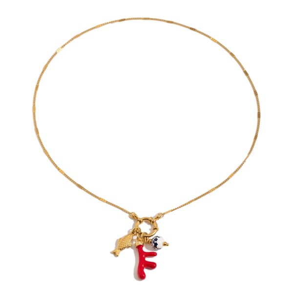Women's Vacation 18K Gold Stainless Steel + Enamel & Ceramic Red Coral & Fish Pendant Lobster Clasp Necklace 45CM