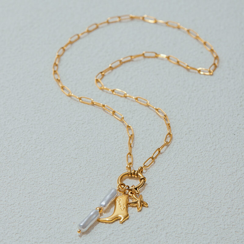 Women's Vacation 18K Gold Stainless Steel  Acrylic Pearl Star & Boot Charm Paperclip Chain Necklace 50CM - Image 6