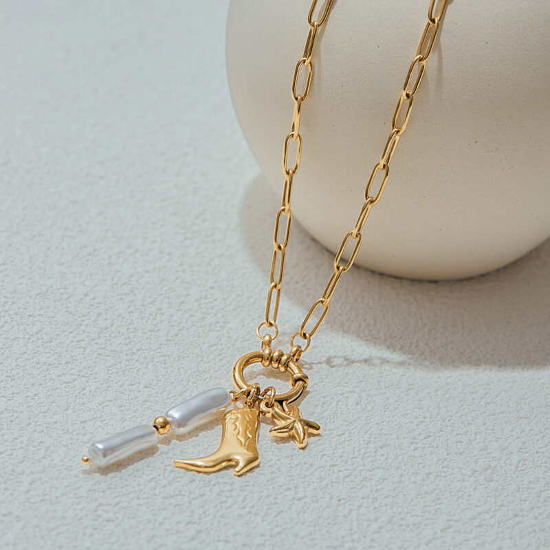 Women's Vacation 18K Gold Stainless Steel  Acrylic Pearl Star & Boot Charm Paperclip Chain Necklace 50CM - Image 5