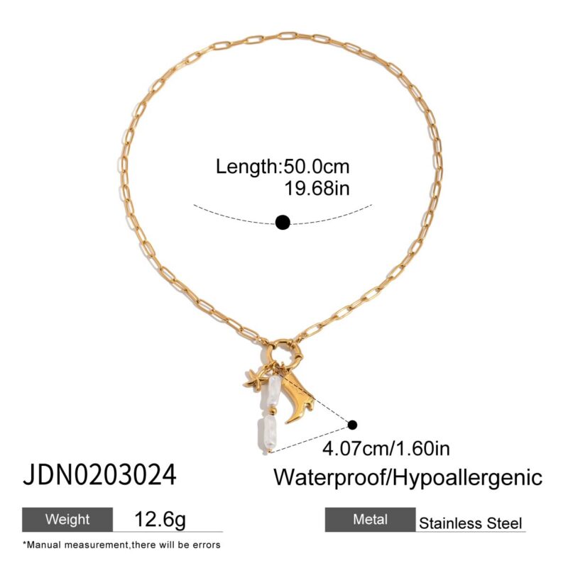 Women's Vacation 18K Gold Stainless Steel  Acrylic Pearl Star & Boot Charm Paperclip Chain Necklace 50CM - Image 7