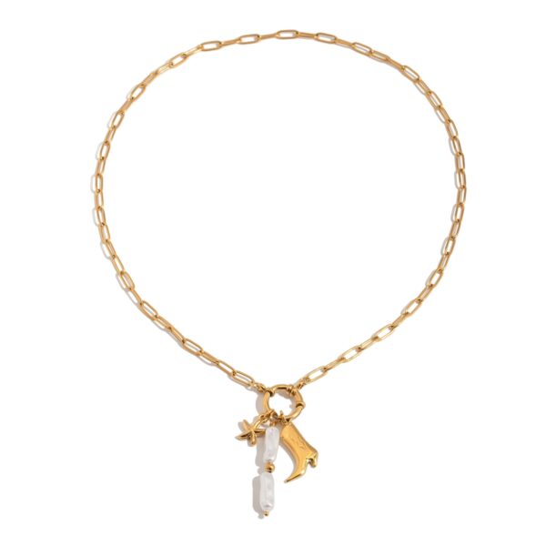 Women's Vacation 18K Gold Stainless Steel  Acrylic Pearl Star & Boot Charm Paperclip Chain Necklace 50CM