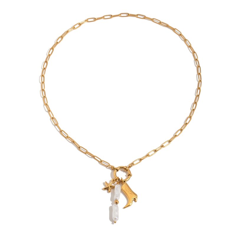 Women's Vacation 18K Gold Stainless Steel  Acrylic Pearl Star & Boot Charm Paperclip Chain Necklace 50CM