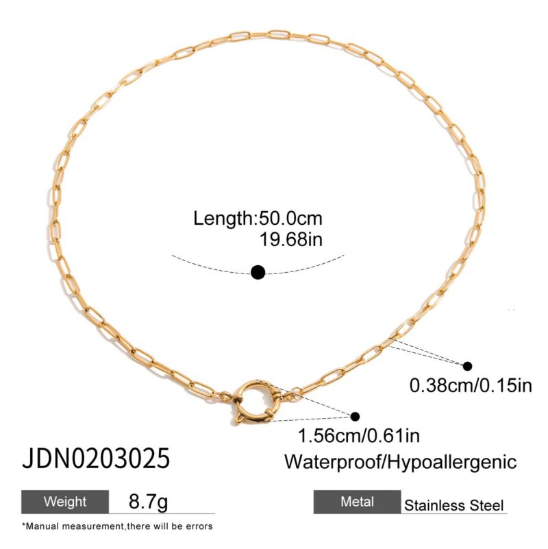 Women's Classic 18K Gold Stainless Steel Paperclip Chain Round Sailor Clasp Necklace - Image 5