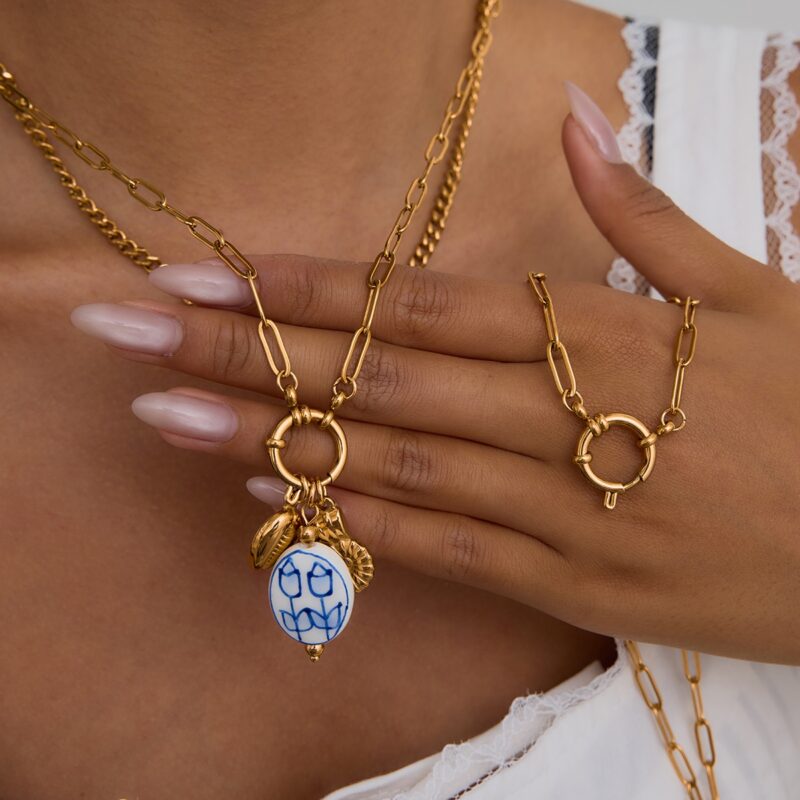 Women's Classic 18K Gold Stainless Steel Paperclip Chain Round Sailor Clasp Necklace - Image 4