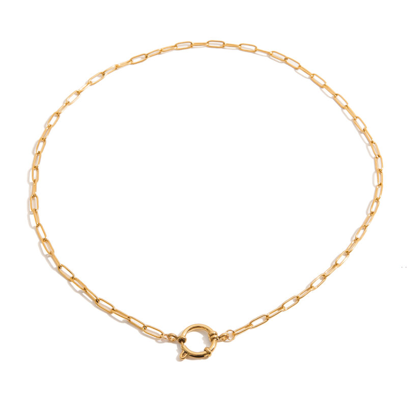 Women's Classic 18K Gold Stainless Steel Paperclip Chain Round Sailor Clasp Necklace