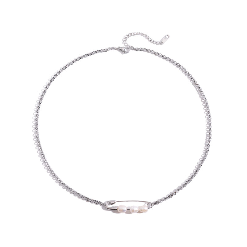 Stainless Steel Paperclip Necklace with Three Freshwater Pearls