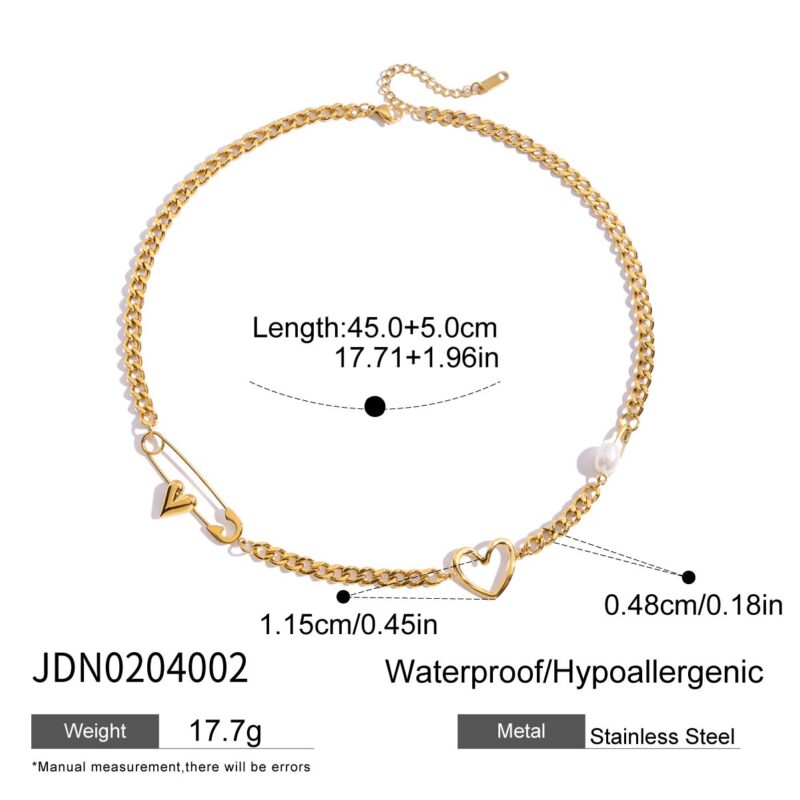 18K Gold Stainless Steel Paperclip Necklace with Pearl & Heart Charm - Image 5