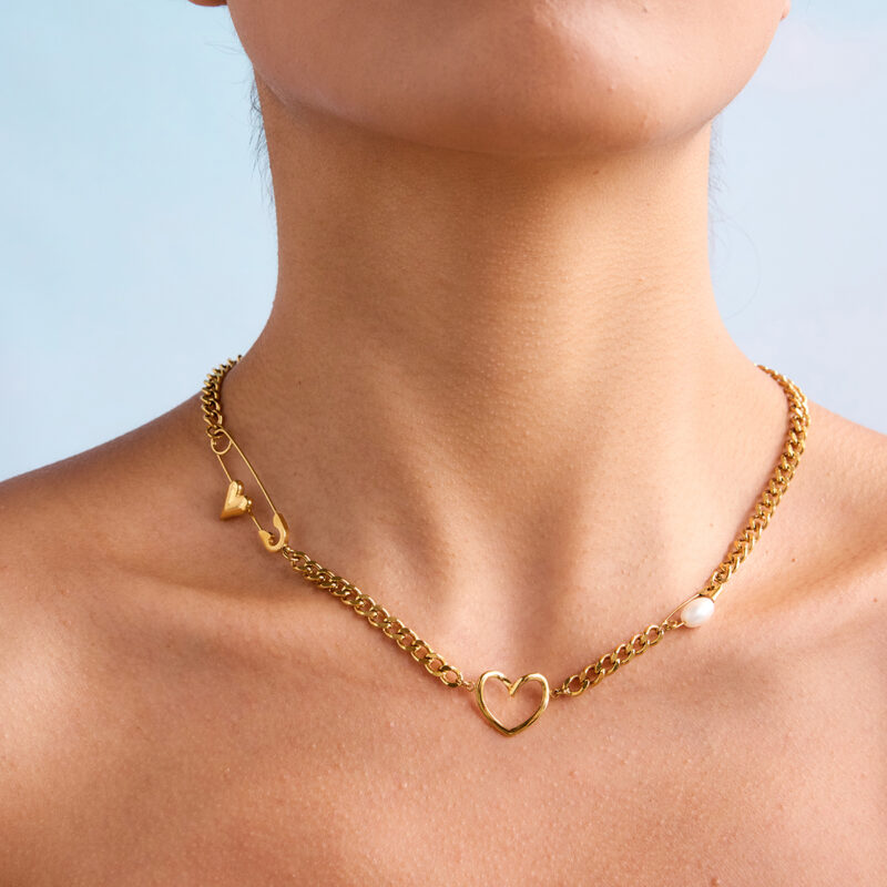 18K Gold Stainless Steel Paperclip Necklace with Pearl & Heart Charm - Image 3