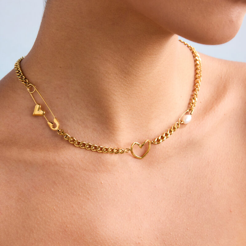18K Gold Stainless Steel Paperclip Necklace with Pearl & Heart Charm - Image 4