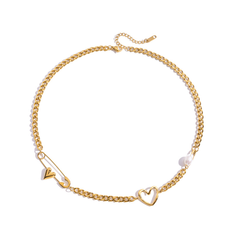 18K Gold Stainless Steel Paperclip Necklace with Pearl & Heart Charm