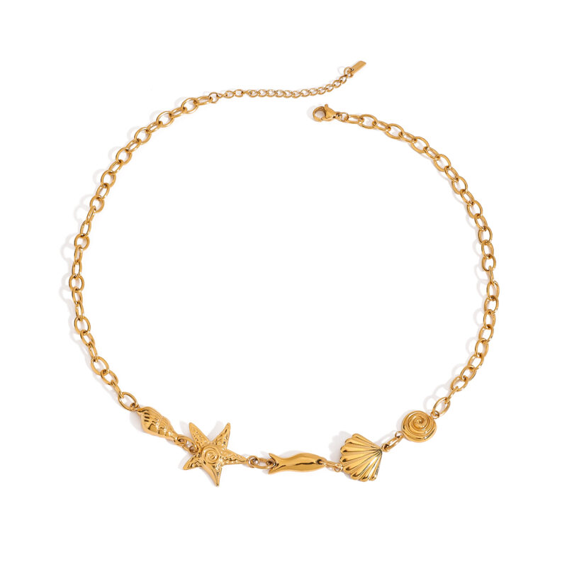 J&D 18K Gold Plated Stainless Steel DIY Charm Necklace Spiral Starfish for Summer Beach Party Trendy Link Chain