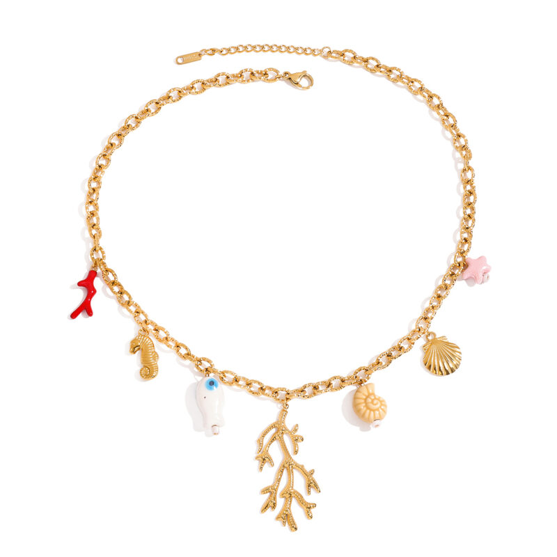 J&D Spring Summer Charm Collection Ocean Series 18K Gold Plated Stainless Steel Necklace with Pearl Flower Charms Jewelry