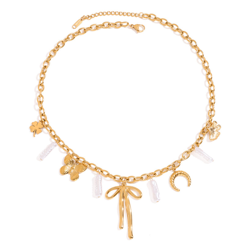 J&D Stainless Steel 18K PVD Gold Plating Ocean Beach Horse Hoof Butterfly Knot Four Leaf Clover Necklace