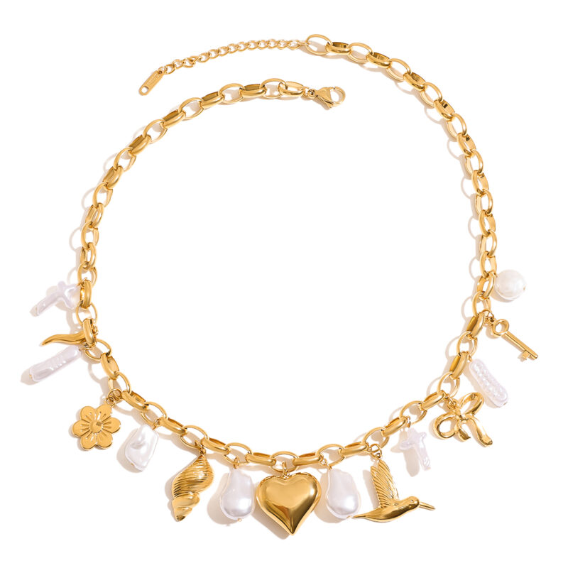 J&D Stainless Steel 18K PVD Gold Plating Ocean Red Pepper Imitation Pearl Butterfly Knot Love Peace Bird Flower Necklace