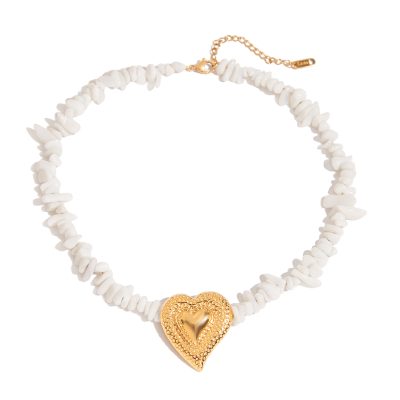 J&D Women 18K Gold Plated Stainless Steel Hammered Heart Necklace with Stone Dainty Jewelry Delicate Pendant Trendy Gift for Her