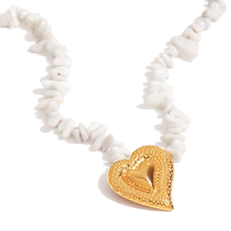 J&D Women 18K Gold Plated Stainless Steel Hammered Heart Necklace with Stone Dainty Jewelry Delicate Pendant Trendy Gift for Her - Image 3