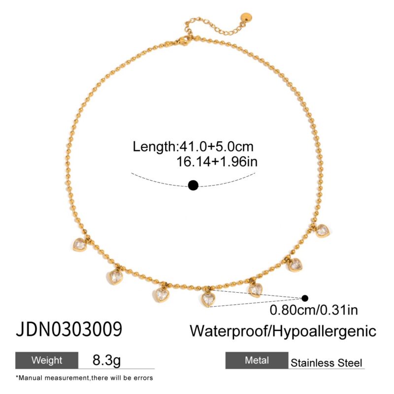 18K Gold Stainless Steel Zircon Necklace - Classic Heart & Bead Chain, 41+5cm Adjustable Jewelry for Women - Image 5