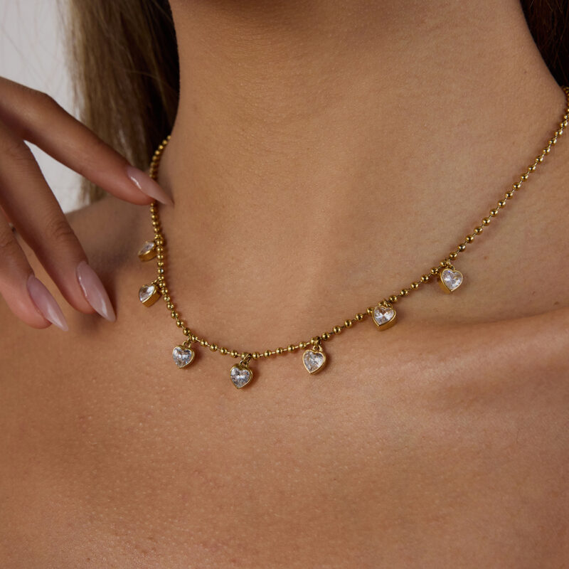 18K Gold Stainless Steel Zircon Necklace - Classic Heart & Bead Chain, 41+5cm Adjustable Jewelry for Women - Image 3