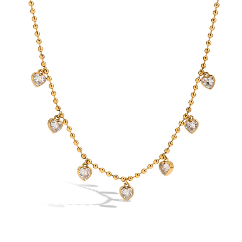 18K Gold Stainless Steel Zircon Necklace - Classic Heart & Bead Chain, 41+5cm Adjustable Jewelry for Women - Image 2