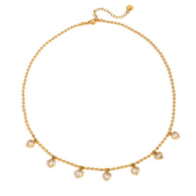 18K Gold Stainless Steel Zircon Necklace - Classic Heart & Bead Chain, 41+5cm Adjustable Jewelry for Women