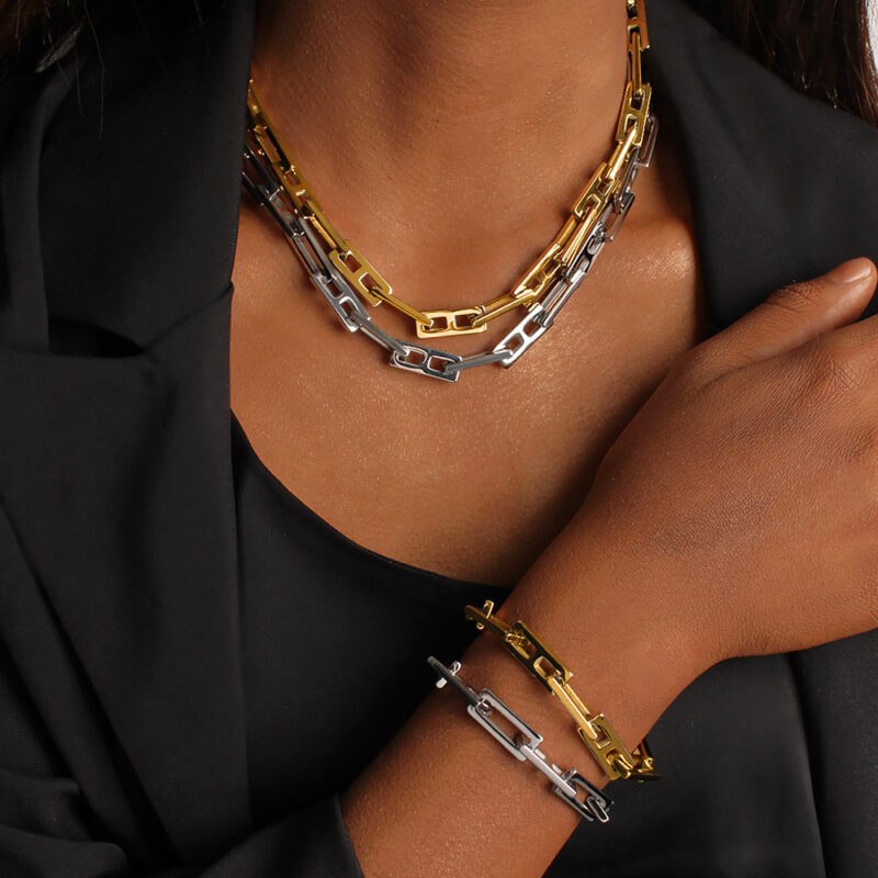 Hip-Hop Titanium Steel Square Lock Chain Set - Unisex Necklace & Bracelet Streetwear Jewelry (Gold) - Image 2