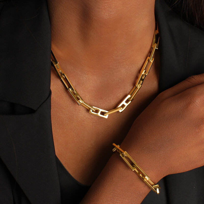 Unisex Hip-Hop Titanium Steel Chain Set - Square Link Necklace & Bracelet, Streetwear Jewelry Gold - Image 4