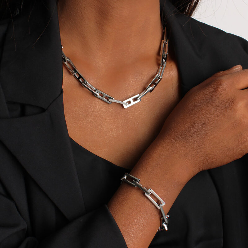 Hip-Hop Titanium Steel Square Lock Chain Set - Unisex Necklace & Bracelet, Streetwear Jewelry (Gold) - Image 4