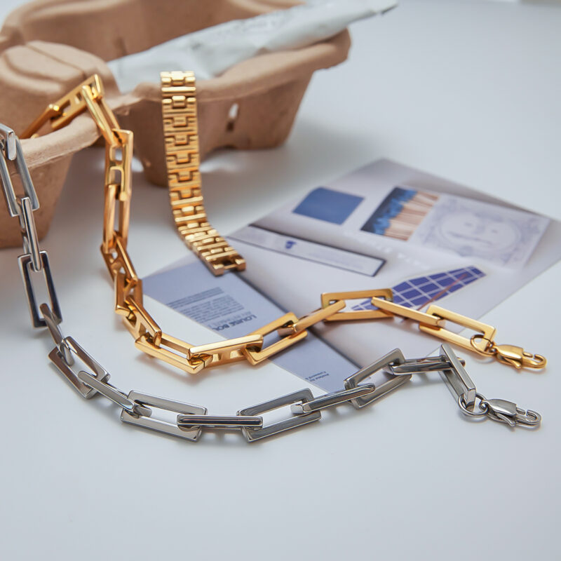 Hip-Hop Titanium Steel Square Lock Chain Set - Unisex Necklace & Bracelet Streetwear Jewelry (Gold) - Image 4
