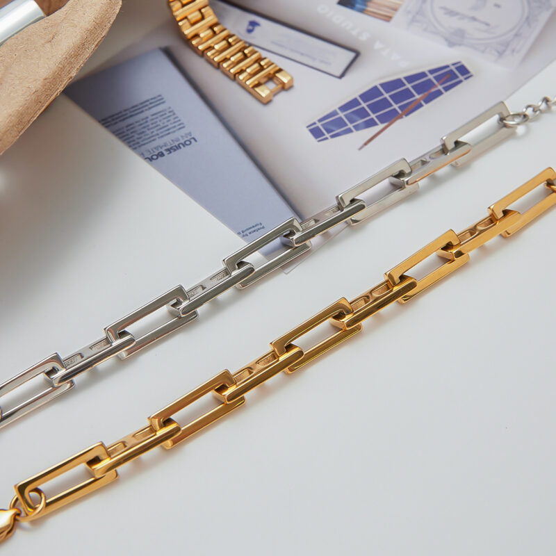 Hip-Hop Titanium Steel Square Lock Chain Set - Unisex Necklace & Bracelet Streetwear Jewelry (Gold) - Image 3