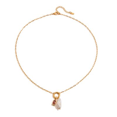J&D 18K Gold Stainless Steel Tarnish Free Colored Glass Freshwater Pearl Zircon Pendant Birthstone Necklace