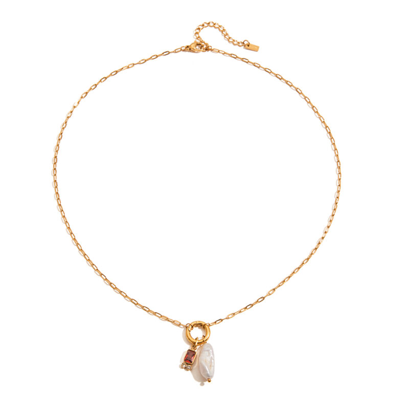 J&D 18K Gold Stainless Steel Tarnish Free Colored Glass Freshwater Pearl Zircon Pendant Birthstone Necklace