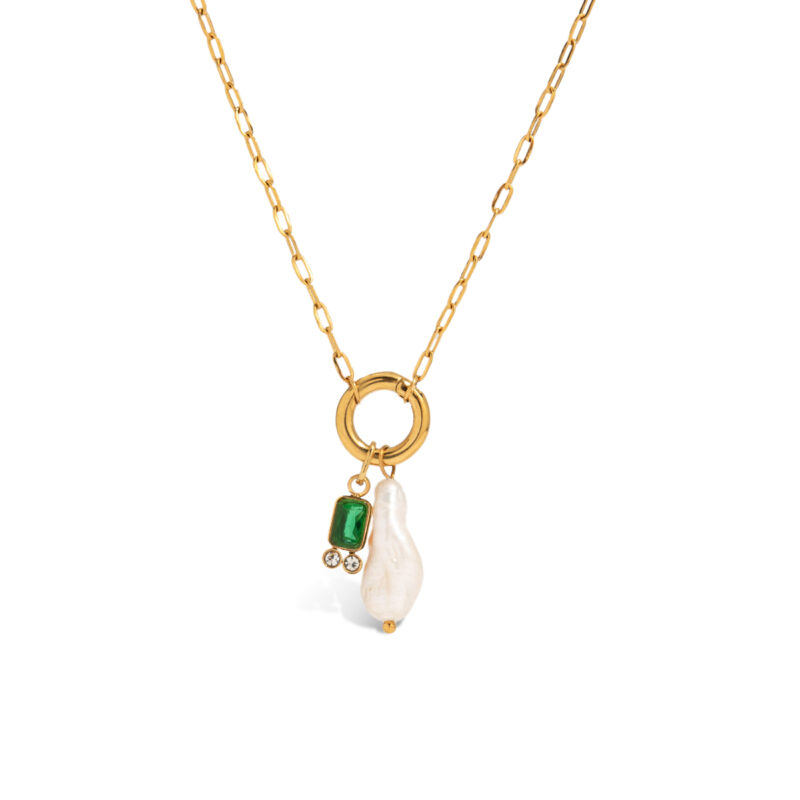 J&D 18K Gold Stainless Steel Tarnish Free Colored Glass Freshwater Pearl Zircon Pendant Birthstone Necklace - Image 2