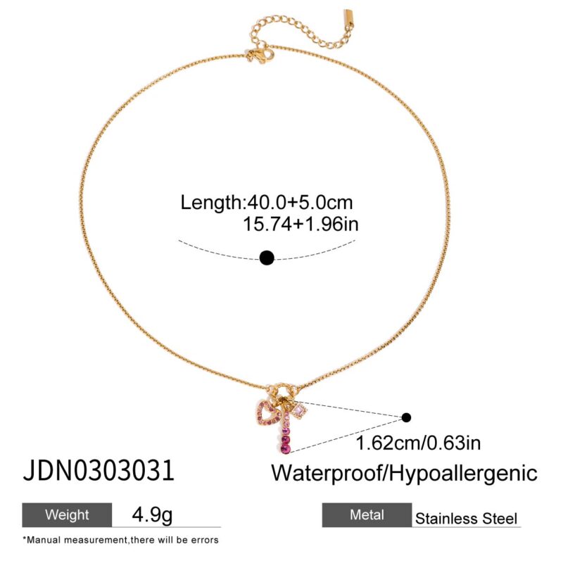 18K Gold Plated Stainless Steel Zircon Necklace - Hollow Pink Heart Pendant Romantic Jewelry 40+5cm - Image 6