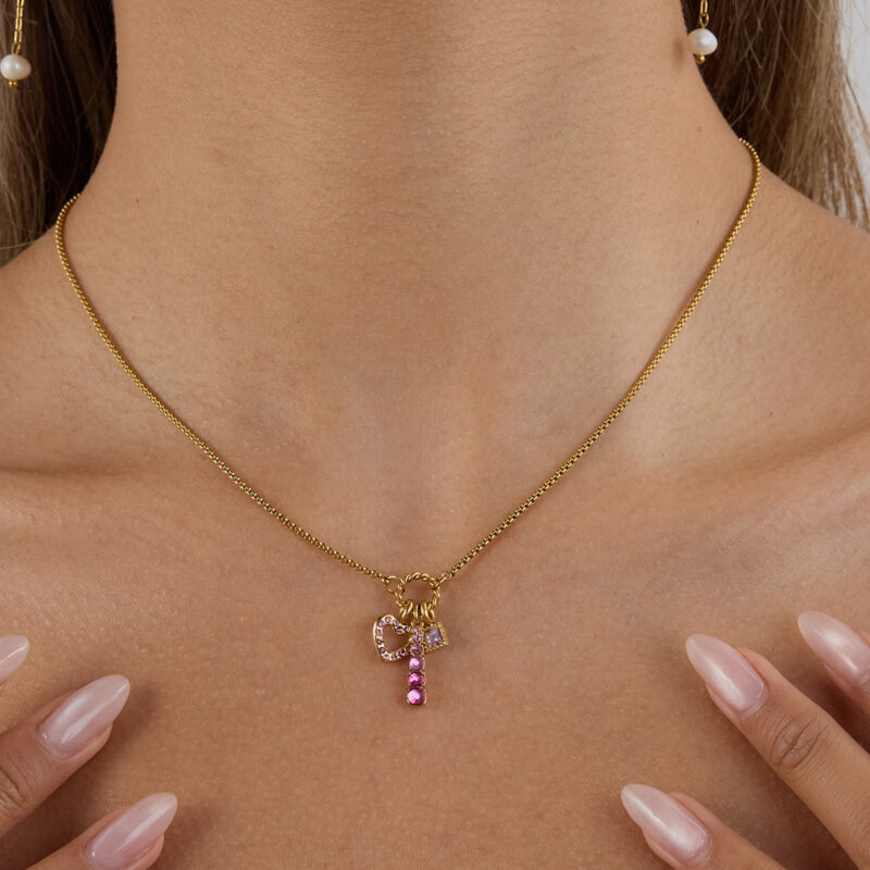 18K Gold Plated Stainless Steel Zircon Necklace - Hollow Pink Heart Pendant Romantic Jewelry 40+5cm - Image 4