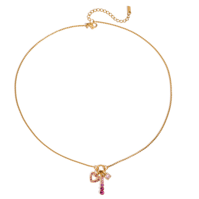 18K Gold Plated Stainless Steel Zircon Necklace - Hollow Pink Heart Pendant Romantic Jewelry 40+5cm