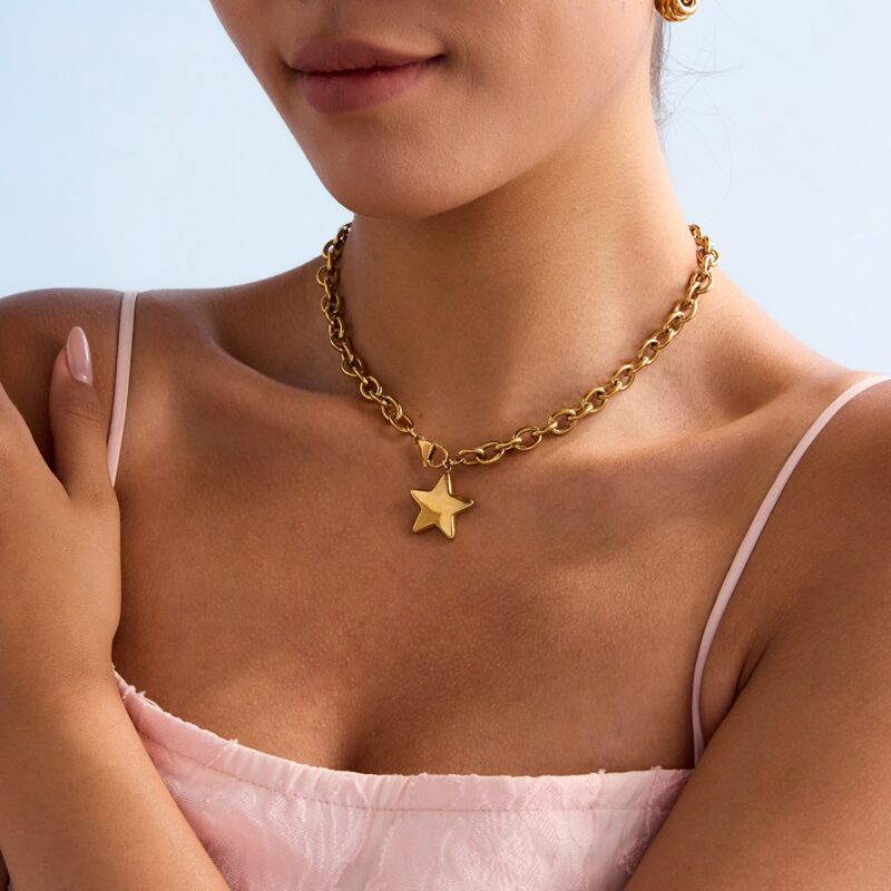 18K Gold Stainless Steel Necklace - Minimalist Polished Star Pendant, 40cm Simple Chain Jewelry for Women - Image 4