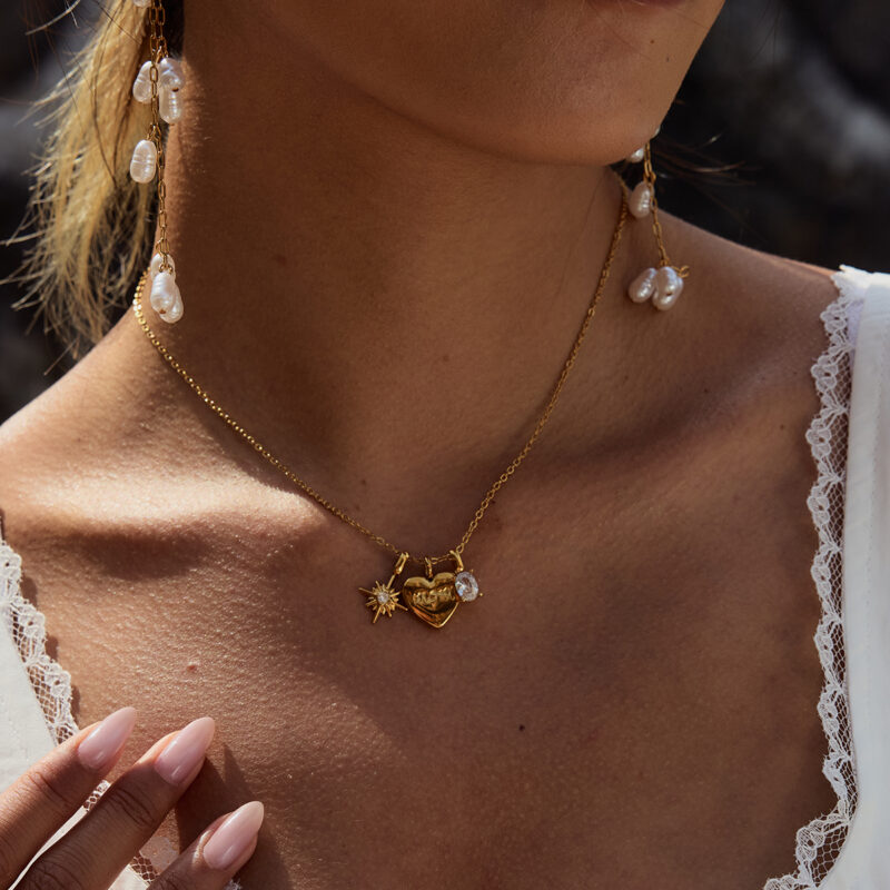 J&D 18K PVD Gold Plate Stainless Steel Necklace Love MOM White Zircon Star Heart Pendant Necklace - Image 5