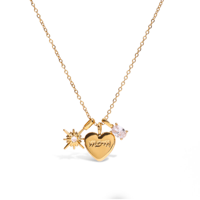 J&D 18K PVD Gold Plate Stainless Steel Necklace Love MOM White Zircon Star Heart Pendant Necklace - Image 2