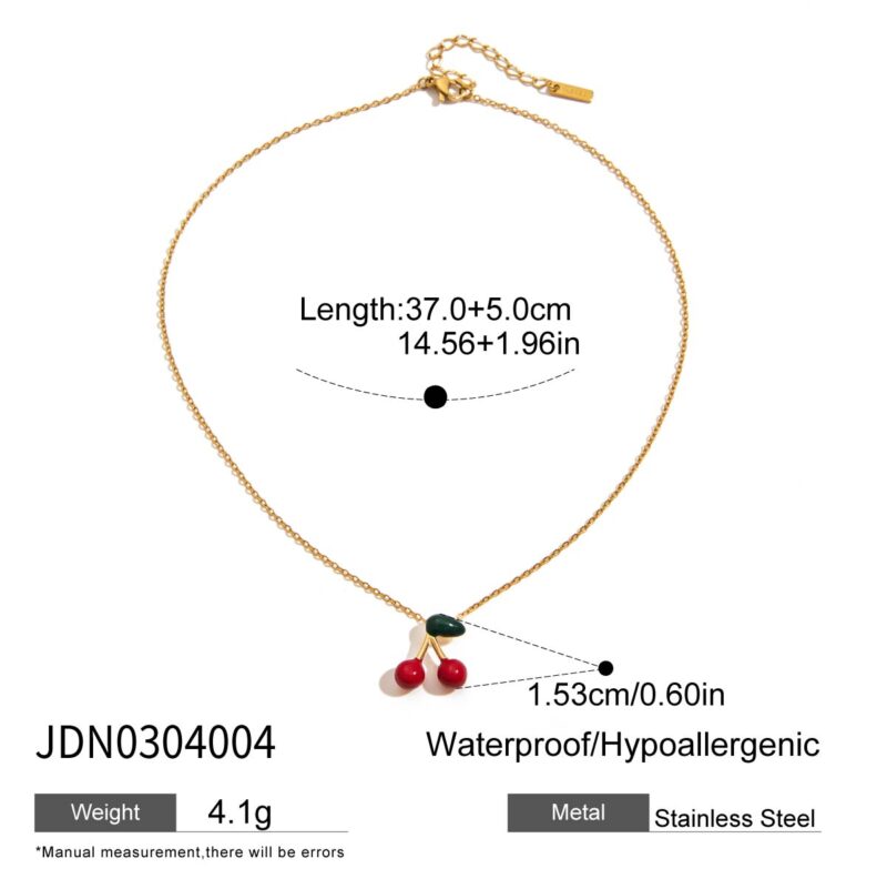 J&D 18K PVD Gold Plate Stainless Steel Necklace Sweet Romantic Red Enamel Cherry Pendant Necklace - Image 5