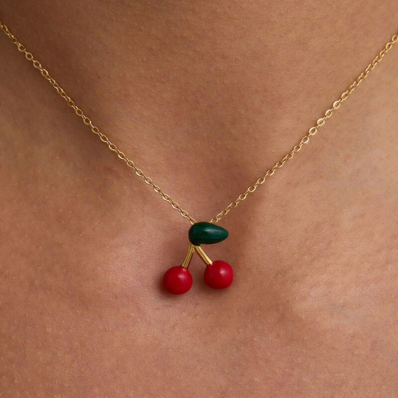 J&D 18K PVD Gold Plate Stainless Steel Necklace Sweet Romantic Red Enamel Cherry Pendant Necklace - Image 4