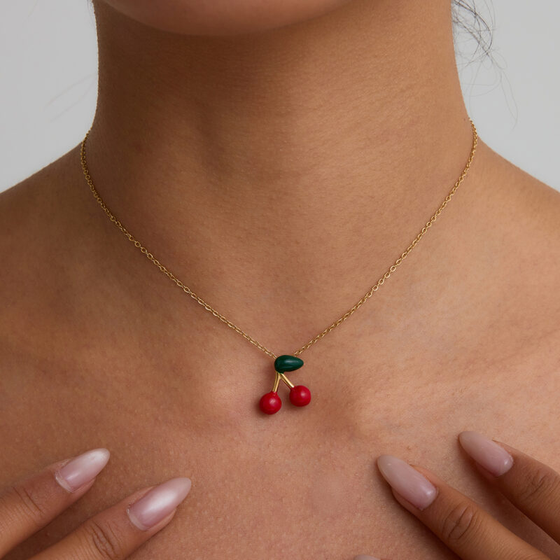 J&D 18K PVD Gold Plate Stainless Steel Necklace Sweet Romantic Red Enamel Cherry Pendant Necklace - Image 3