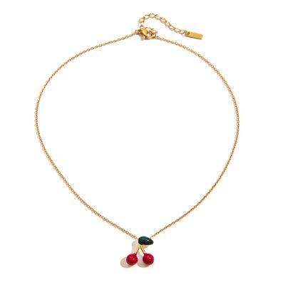 J&D 18K PVD Gold Plate Stainless Steel Necklace Sweet Romantic Red Enamel Cherry Pendant Necklace