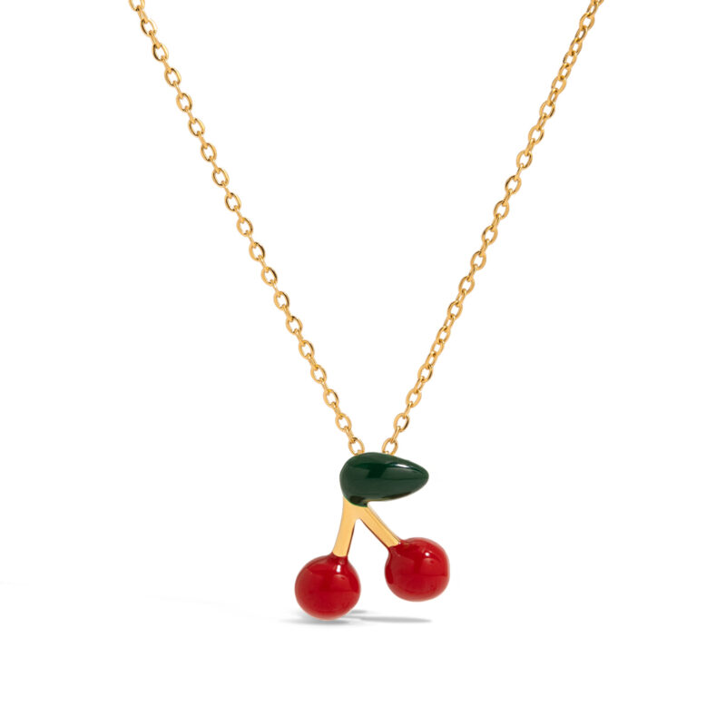 J&D 18K PVD Gold Plate Stainless Steel Necklace Sweet Romantic Red Enamel Cherry Pendant Necklace - Image 2