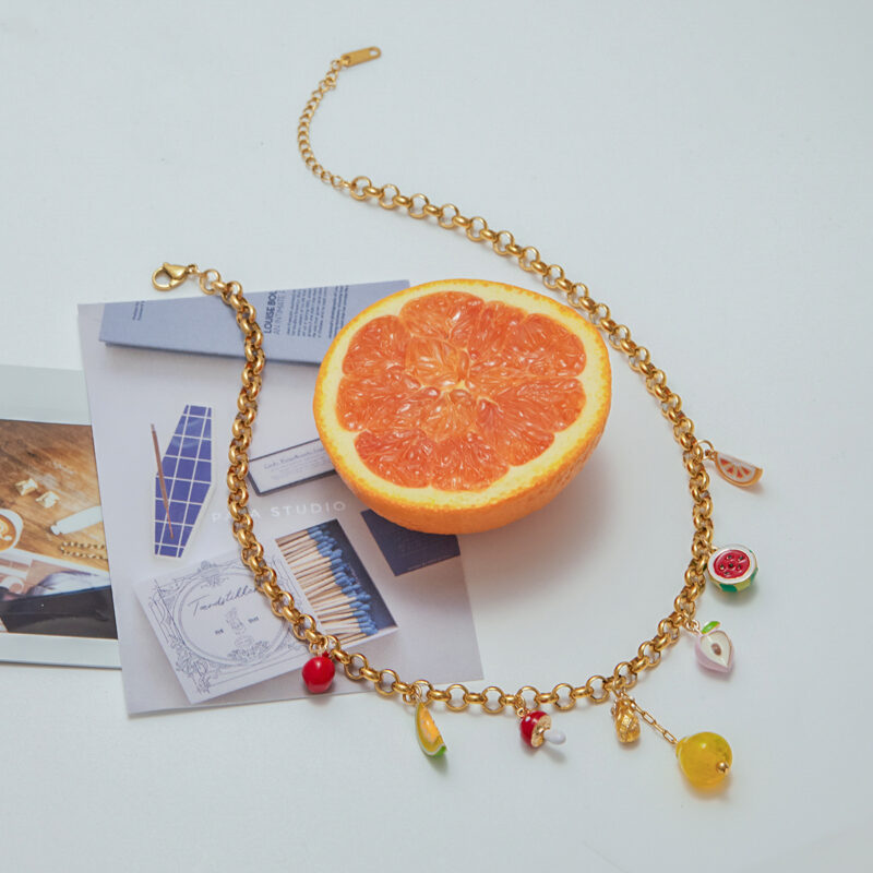 Sweet Romantic Women's 18K Gold Glass & Painted Fruit Pendant Necklace - Image 4