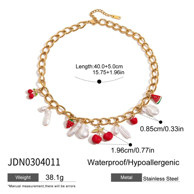 Sweet Romantic Women's 18K Gold Acrylic Pearl & Painted Fruit Pendant Necklace - Image 3