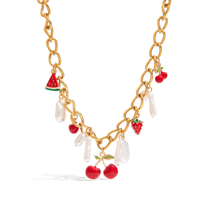 Sweet Romantic Women's 18K Gold Acrylic Pearl & Painted Fruit Pendant Necklace - Image 2