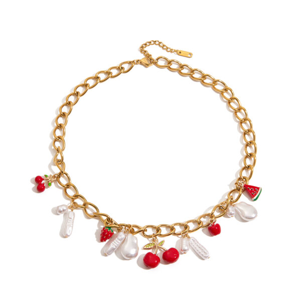 Sweet Romantic Women's 18K Gold Acrylic Pearl & Painted Fruit Pendant Necklace