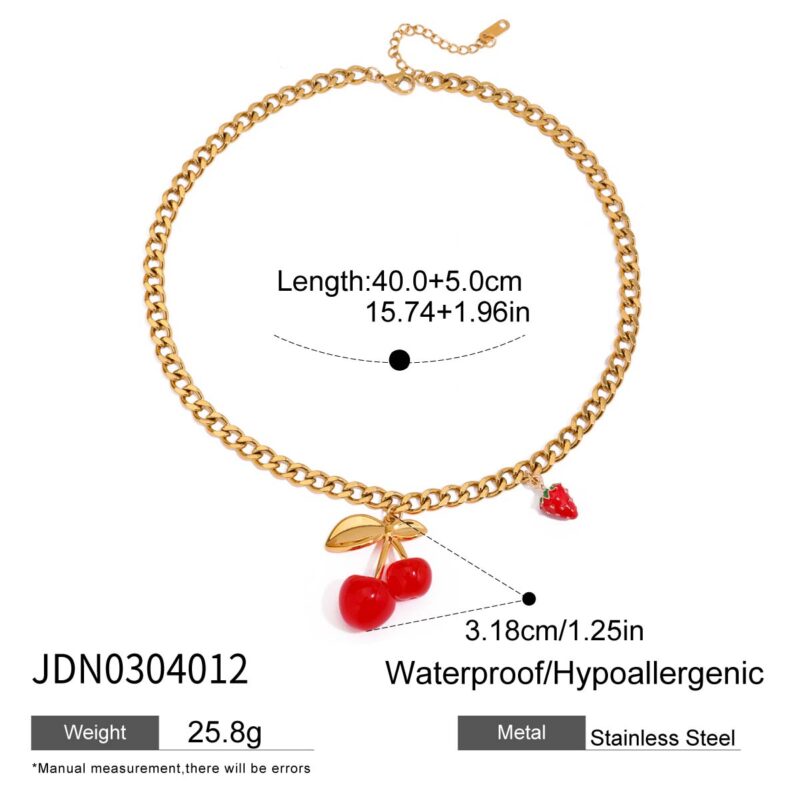 Sweet Romantic Women's 18K Gold Acrylic Cherry & Strawberry Pendant Necklace - Image 5