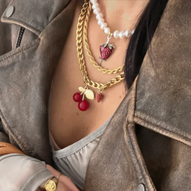 Sweet Romantic Women's 18K Gold Acrylic Cherry & Strawberry Pendant Necklace - Image 3
