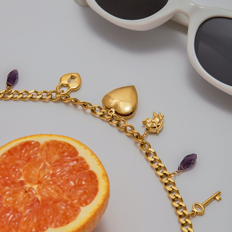 18K Gold Stainless Steel Purple Glass Four-Leaf Clover Lock & Key Photo Locket Necklace - Image 3